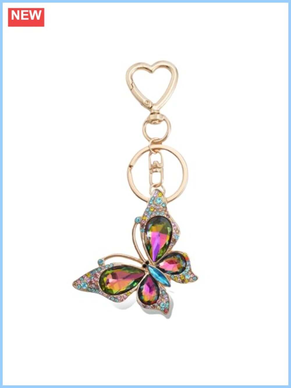 Butterfly Keychain Heart Clasp Glass Gold Tone Bag Charm